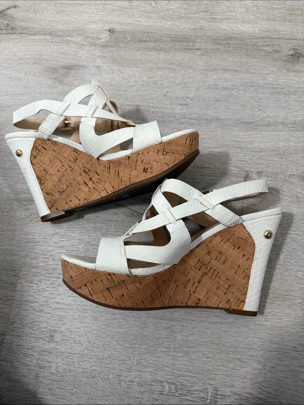 GUESS White Woven Peep-Toe Slingback Heels